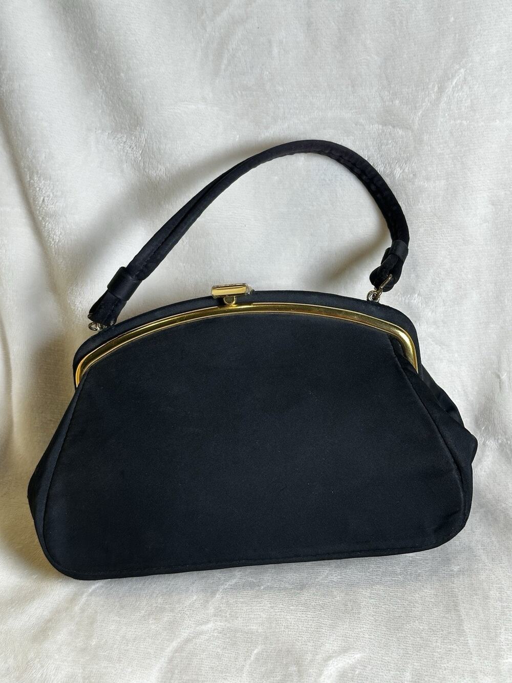 Vintage 50s TINA Black Velvet Silk Bag Clasp Gold Metal Black Handle Designer